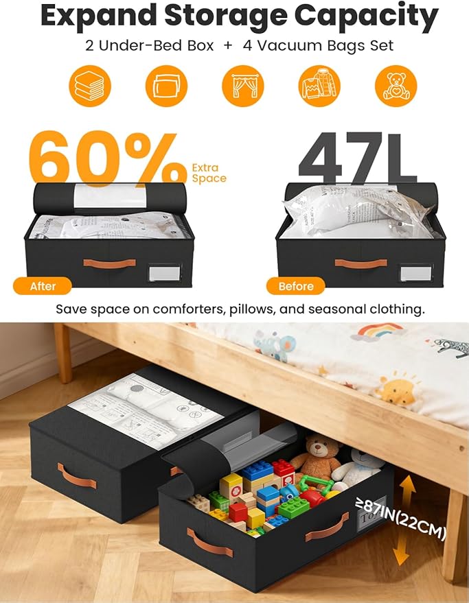 TOSKING 2-Pack Under Bed Storage Bins with Wheels, 4 Vacuum Bags, Heavy Duty 80 lbs, 7.9" Height, 47L Clear Lid Organizer, Space Saver for Dorm Bedroom Clothes Shoes Toys, Quick Assembly, Black