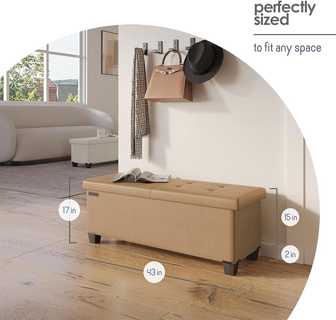 Storage Ottoman Bench with Bins, 43-in Storage Bench for Bedroom End of Bed, Folding Foot Rest Ottoman for Living Room Max 660lbs, Leather Ottomans, Taupe