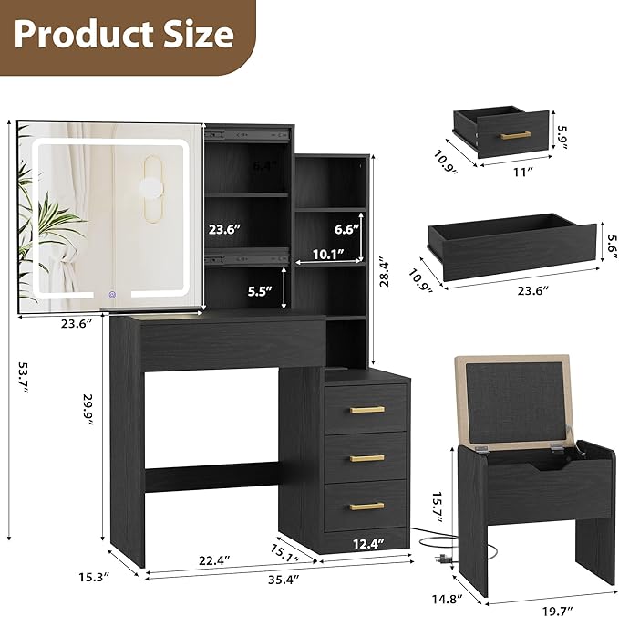 IDEALHOUSE Vanity Desk with Mirror and Lights, Vanity Table and Chair Set with 4 Drawers and Charging Station, Dresser LED Sliding Mirror with 3 Color Modes Adjustable Storage Shelves, Black