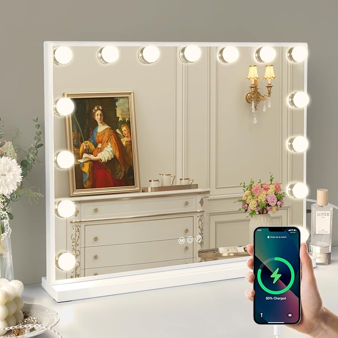 FENCHILIN Vanity Mirror with Lights, 22.8"x 18.1" Hollywood Makeup Mirror with 15 LED Dimmable Bulbs Lighted USB Charging Port 10X Magnification Tabletop for Bedroom