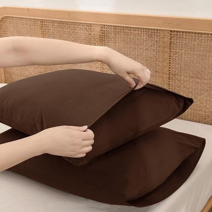 BESTOUCH 100% Washed Cotton Pillowcase for Hair and Skin Linen Feel Soft Comfortable Breathable 2 Set Pillow Case with Envelope Closure Solid Cocoa Brown King 20x36 Inches