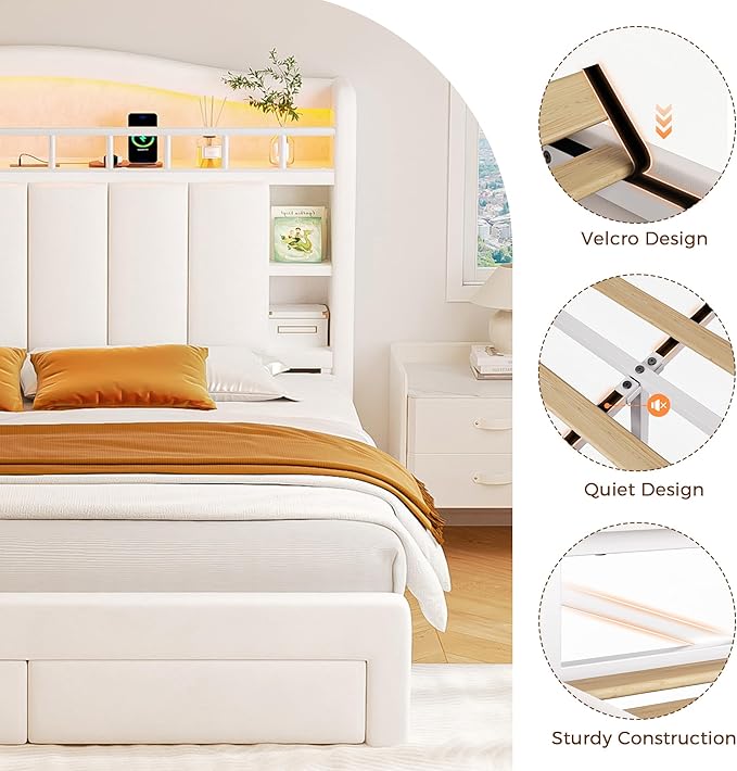 Queen Size Bed Frame with LED Storage Headboard & 2 Storage Drawers, Velvet Upholstered Bed with Vertical Tufted Headboard Design, USB & Type-C Charging Ports, Wooden Slats Support, Noise-Free, Beige