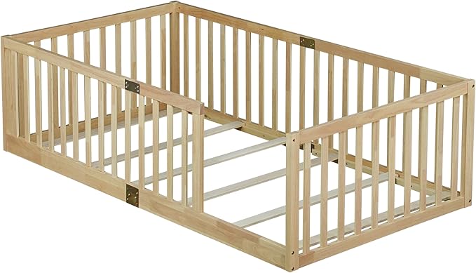 Bellemave Twin Size Montessori Floor Bed with 21.5" High Rails, Rubber Wood Twin Floor Bed with Slats, Natural