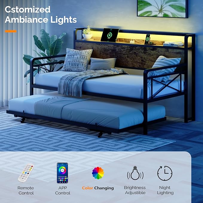 VINGLI Daybed with Trundle Twin, Metal Daybed Frame with Pop-up Trundle Bed and Charging Station,Day Bed with Wooden Storage Headboard & LED Lights, for Kids Room, Living Room, Bedroom, Brown