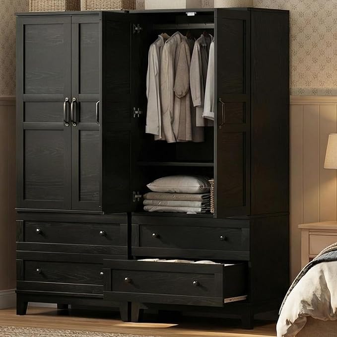 IDEALHOUSE Armoire Wardrobe Closet with 2 Drawers, 72" Tall Wooden Clothing Wardrobe with Hanging Rod & DIY Adjustable Shelf, Heavy Duty Bedroom Armoire Storage Cabinet with Doors, Rustic Black