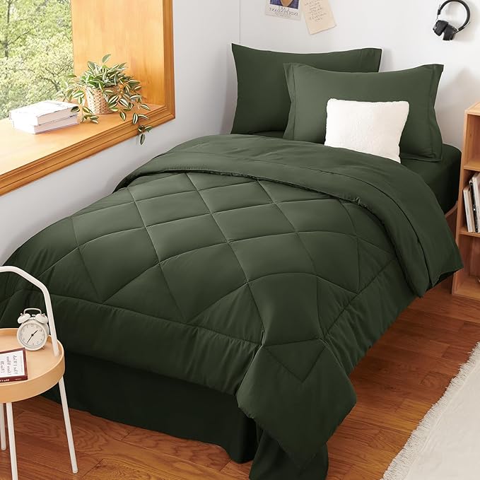 CozyLux Twin XL Comforter Set Dark Green - 5 Pieces Twin Extra Long Bed in a Bag for College Dorm, All Season Bedding Set for Girls and Boys, Soft Bed Set with Comforter, Sheets, Pillowcase & Sham