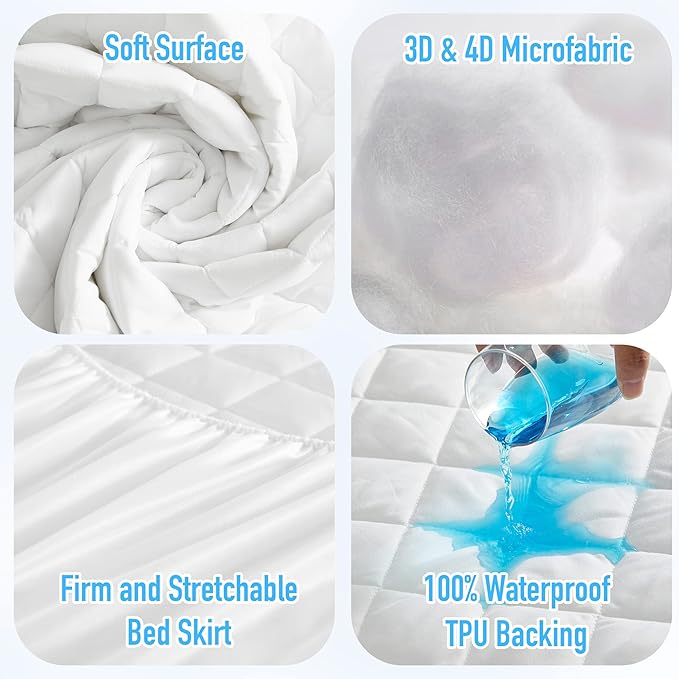 HYLEORY Queen Size Waterproof Mattress Pad Protector, Breathable Quilted Mattress Cover Noiseless Waterproof Fitted Sheet Mattress Topper Upto 21" Deep Pocket, White