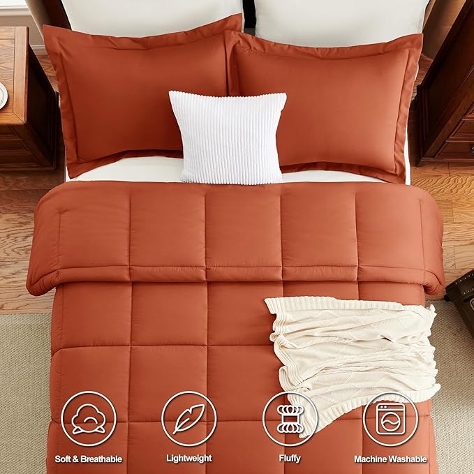 CozyLux Full Size Comforter Sets - 270GSM Terracotta Bedding Sets for All Seasons, 3 Pieces Box Stitched Bed Set with 1 Down Alternative Comforter and 2 Pillow Shams, Soft, Lightweight, Breathable