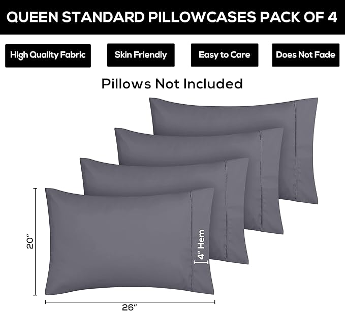 Utopia Bedding Standard Pillow Cases - 4 Pack - Envelope Closure - Soft Brushed Microfiber Fabric - Shrinkage and Fade Resistant Pillow Covers Standard Size 20 X 26 Inches (Standard, Grey)