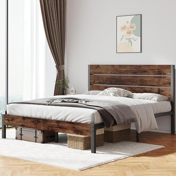 Fluest Queen Bed with Headboard and Footboard, with Under Bed Storage, All-Metal Support System, No Box Spring Needed, Easy Assembly,Retro Brown