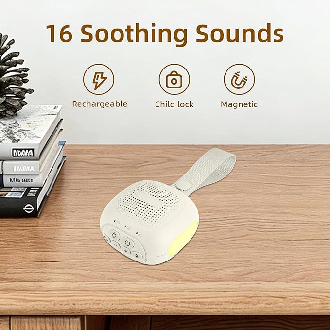 Magnetic Portable White Noise Machine with 16 Soothing Sounds 3 Night Lights 3 Sleep Timers Memory and Recording Functions 30 Levels of Volume and Powered by AC or USB for Baby Adult (White)