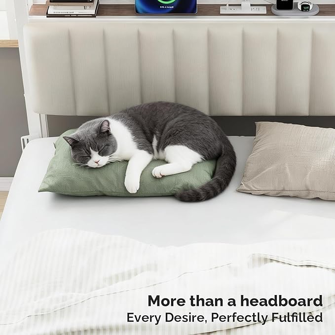 VINGLI Full Size LED Headboard with 3 Storage Shelves and Charging Station, Upholstered Metal Headboard with RGB Lights, USB Ports & Power Outlet for Teens, Apartments and Guest Rooms, White