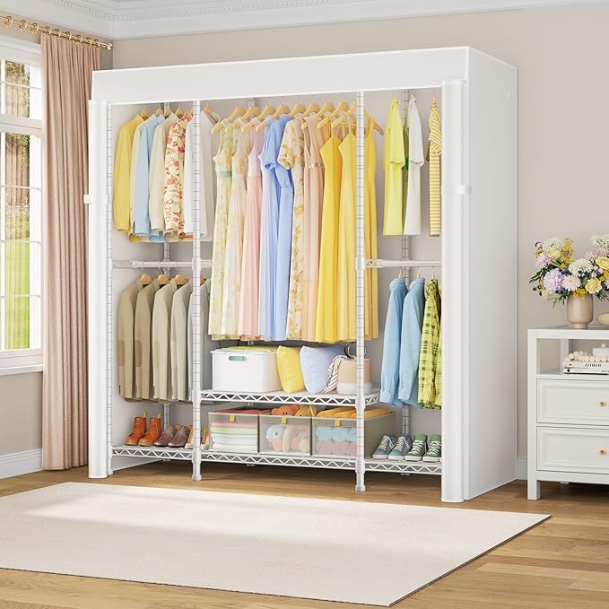 ULIFHOME E3C White Clothes Rack with Beige Cover, Heavy Duty Freestanding Garment Rack, Metal Closet System Storage Organizer for Clothing, Holds up to 850 lbs, 59.5" W x 16.5" D x 77.4" H