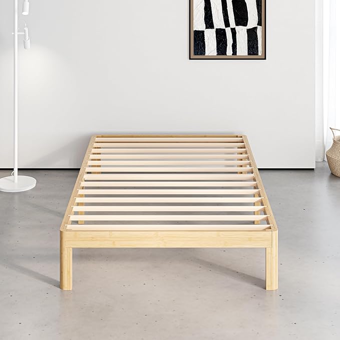 12 Inch High Bamboo Wood Twin Size Platform Bed Frame, Metal Slat Support Bed Frame Twin, No Box Spring Needed, Easy Assembly, Noise Free, Reinforced