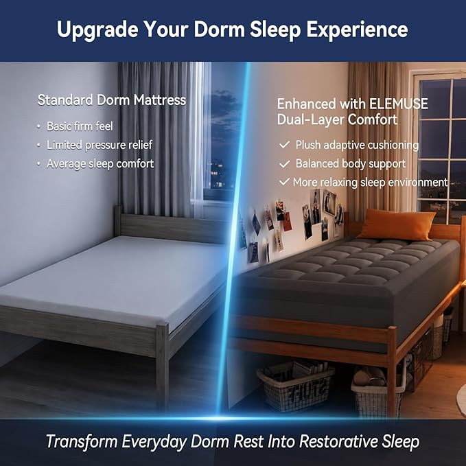 ELEMUSE Dual Layer 3 Inch Memory Foam Mattress Topper Twin XL, Dorm Room 2 Inch Cooling Gel Memory Foam Plus 1 Inch Down Alternative Pillowtop Mattress Pad, College Essential, Comfort Support, Grey