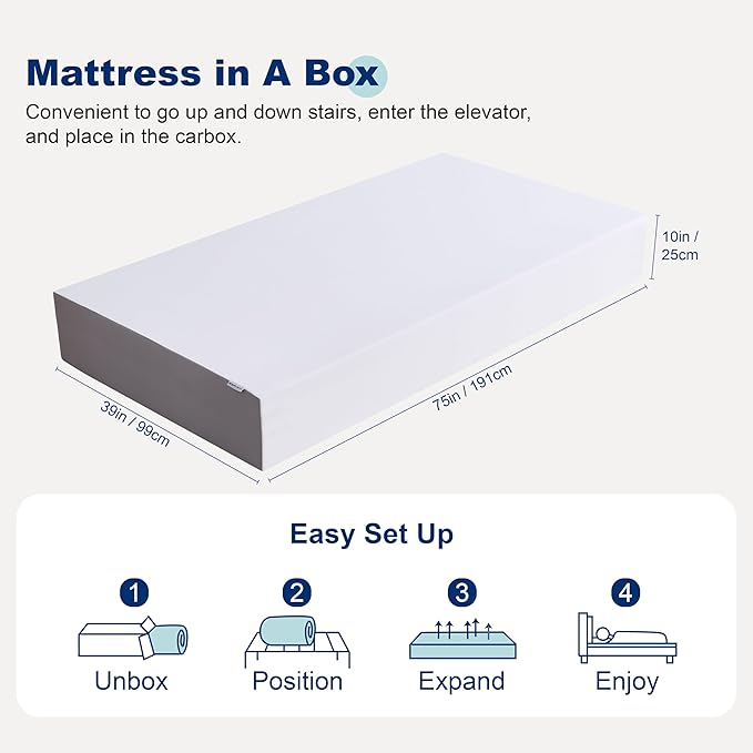 Amazon Basics Breathable Memory Foam Mattress, Medium Firm, 10 Inch, Twin, White/Grey