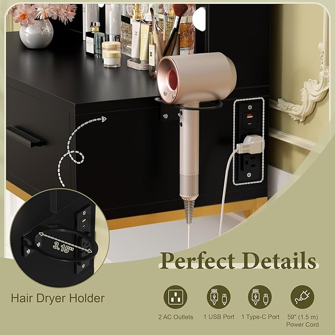 YESHOMY Vanity Desk with Mirror, Makeup Table with 2 Large Drawers, Power Outlet and Round Holder, 3 Color Modes Adjustable Bulb, Black & Gold Frame