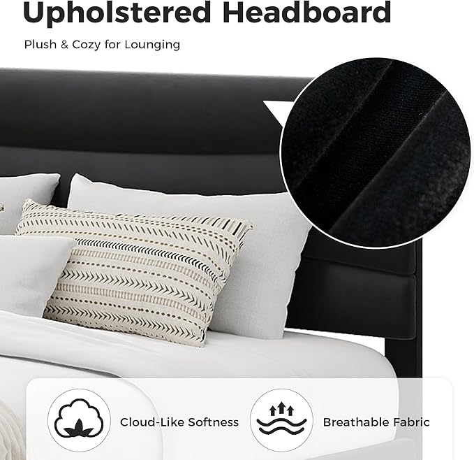 GarveeHome King Modern Upholstered Bed Frame with Soft Padded Headboard,Sturdy Metal Steel Slat Support, Noise-Free Quiet Design,Easy Assembly,Heavy Duty Stable Bed Frame(Black)