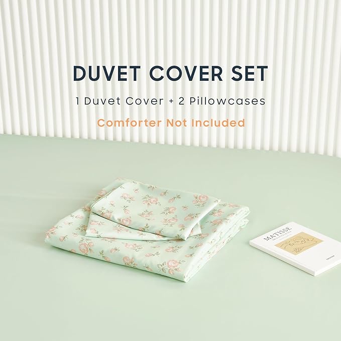 Wake In Cloud - Coquette Duvet Cover Set, Floral Cottagecore Flower Shabby Chic Cute Aesthetic, Soft Lightweight Bedding for Women Teen Girls, 3-Piece, Green Pink, Twin/Twin XL Size