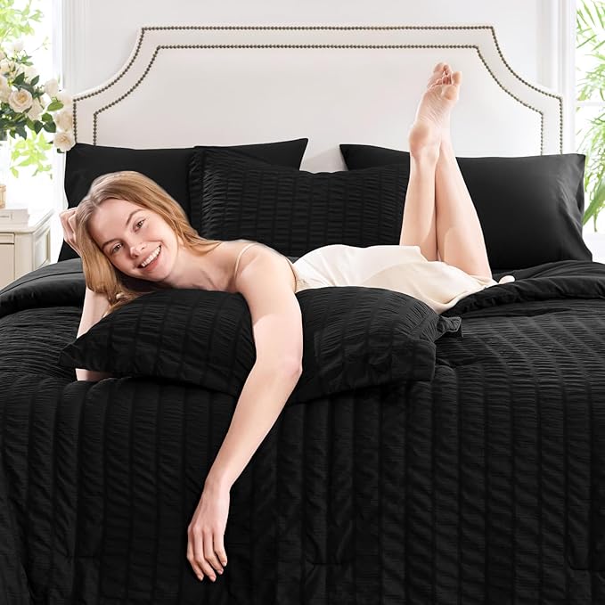 CozyLux Twin XL Comforter Set with Sheets Seersucker Black 5 Pieces Bed in a Bag, Twin Extra Long Luxury Soft Bedding Sets for College Dorm with Down Alternative Comforter, Sheets, Pillowcase & Sham