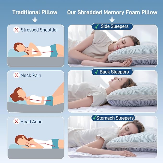 Alkyonos Shredded Memory Foam Cooling Soft Bamboo Viscose Pillow Queen Size, Adjustable Hypoallergenic Hotel Quality Pillow for Stomach, Back and Side Sleeper, Oeko-TEX Certified