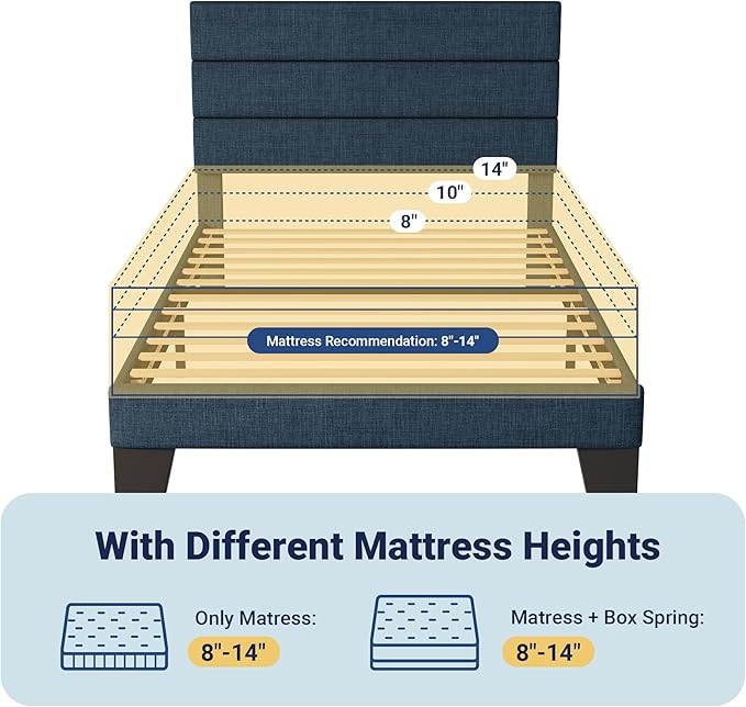Allewie Twin Size Platform Bed Frame with Fabric Upholstered Headboard and Wooden Slats Support, Fully Upholstered Mattress Foundation/No Box Spring Needed/Easy Assembly, Navy Blue