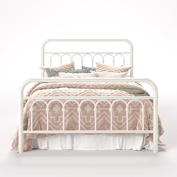Allewie 14 Inches Full Size Metal Platform Bed Frame with Victorian Style Curved Iron-Art Headboard/Footboard, Easy Assembly, Under Bed Storage, No Box Spring Required, Cream White
