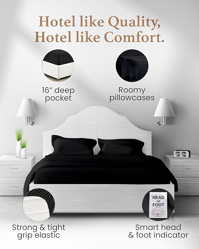Good Sleep Bedding Twin XL Sheet Set - 100% Egyptian Cotton XL Twin Sheet Set, 3 Pc, Extra Long Twin Sheets for Dorm, Hotel Sheets, 16" Deep Pocket Twin Sheets Extra Long - Black Sheet