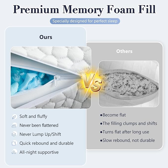 Yettbea Adjustable Shredded Memory Foam Pillows Standard Size Set of 2, Luxury Bamboo Cooling Pillow w/Washable Zippered Cover, Soft or Firm Support Bed Pillow for Side, Back, Stomach Sleeper