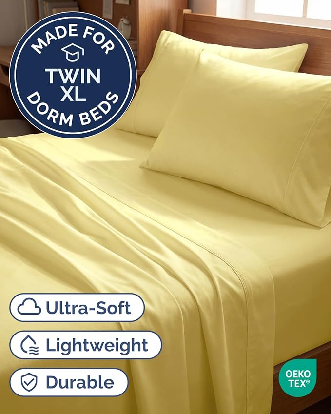 Twin XL 4 Piece Sheet Set - Comfy, Breathable & Cooling - Hotel Luxury Bedding for Women, Men, Kids, Teens & Children - 1 Flat & 1 Fitted Sheet & 2 Pillowcases w/ Deep Pockets - Wrinkle Free - Yellow