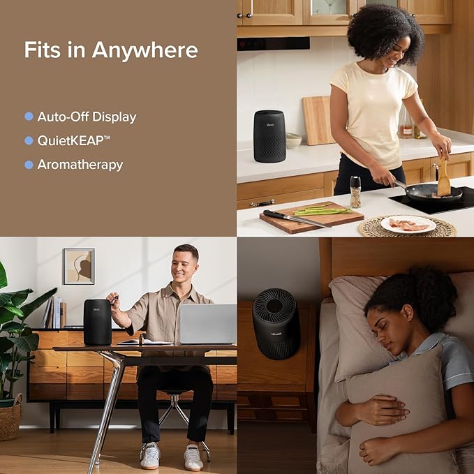 LEVOIT Air Purifiers for Bedroom Home Dorm, AHAM VERIFIDE, 3-in-1 Filter Cleaner With Aroma Pad, Filters Smoke, Allergens, Pet Dander, Odor, Dust, Office, Desktop, Core Mini-P, Black