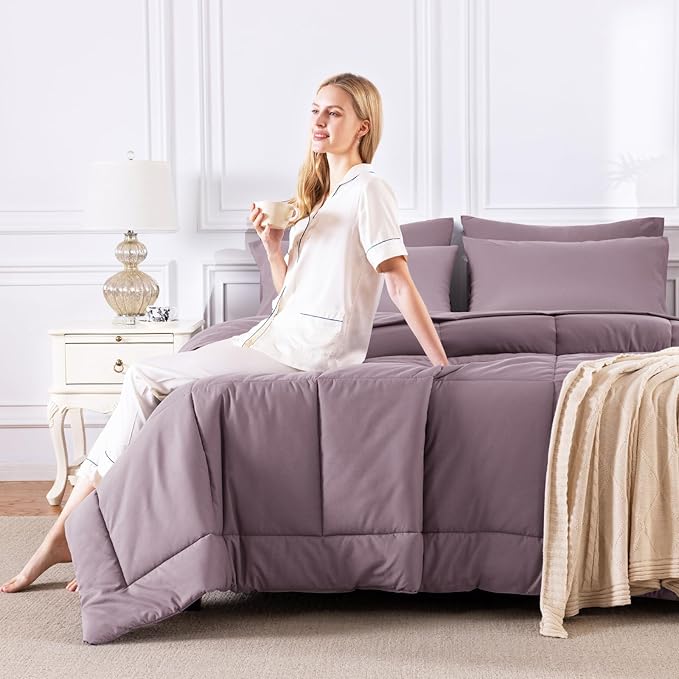 CozyLux Oversized Queen Comforter Sets Dusty Purple, 7 Pieces Bed in a Bag, Ultra-Soft All Season Bedding Sets with Stitch Quilted Comforter, Flat Sheet, Fitted Sheet, Pillowcases