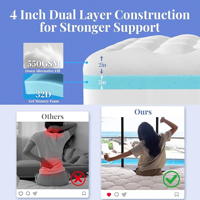 OhGeni Cooling 4 lnch King Size Dual Layer Mattress Topper, 2 Inch Gel Memory Foam, 2 Inch Soft Breathable Pillow Top Pad, Bedroom Mattresses Cover, Extra Comfortable Sleep and Back Pain Relief