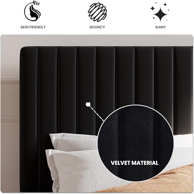 SHA CERLIN Full Upholstered Platform Bed Frame with Adjustable Headboard/Vertical Channel Tufted Velvet Fabric/Wooden Slats Support/Mattress Foundation/Box Spring Optional/Black