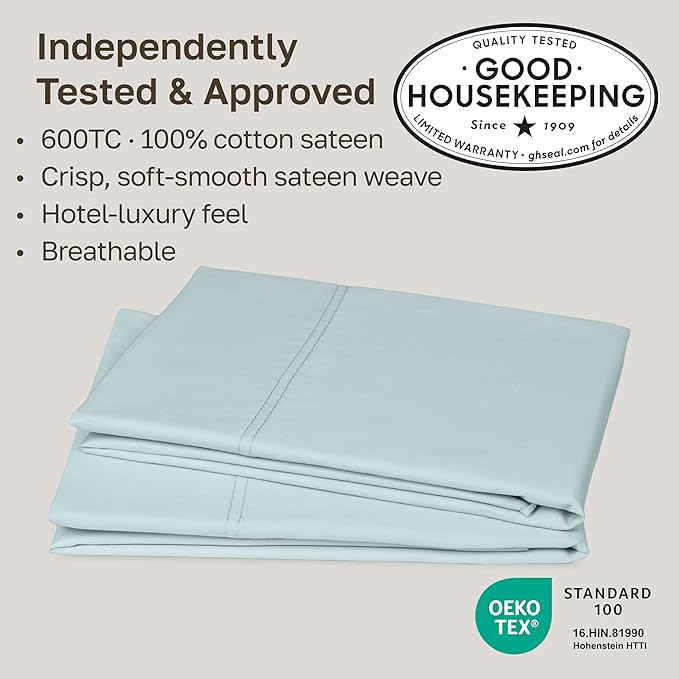 CALIFORNIA DESIGN DEN Luxuriously Soft Hotel Quality 600 Thread Count, 100% Cotton Set of 2 Cases, Crisp & Cool Standard Pillows Cases Set of 2 Fits Standard & Queen Pillows (Seafoam)