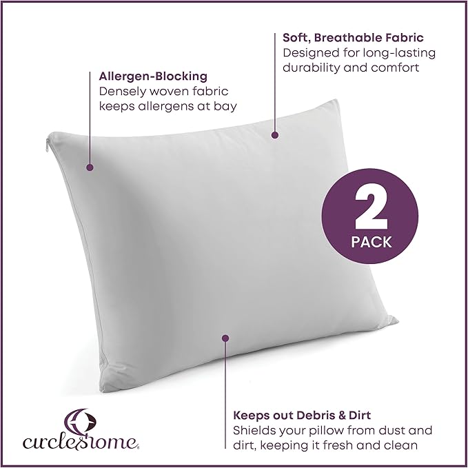 CirclesHome Pillow Protectors 2 Pack Queen Zippered - 100% Cotton Breathable Pillowcases - Protects Pillows from Dirt, Dust and Debris (Queen- Set of 2 - 20x30)