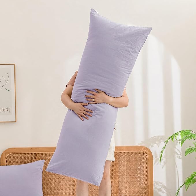 BESTOUCH 100% Washed Cotton Pillowcase for Hair and Skin Linen Feel Soft Comfortable Breathable 1 Pcs Pillow Case with Envelope Closure Solid Taro Purple Body 20x54 Inches