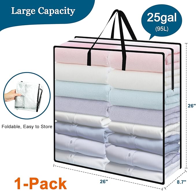 95L Under Bed Storage Bag, Under Bed Storage Containers, Clear Storage Bags for Clothes Quilt Pillow Wreath Blanket Storage or Closet Organizer Home Storage
