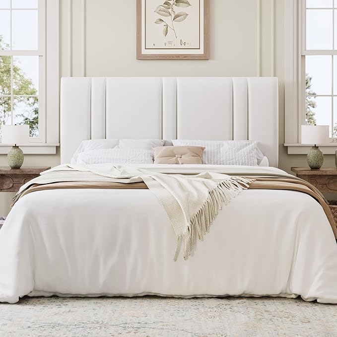 SHA CERLIN Full Size Platform Bed Frame, Velvet Upholstered Bed with Adjustable Headboard, Vertical Channel Tufted Design, Sturdy Wood Slat Support, No Box Spring Needed, Easy Assembly, White