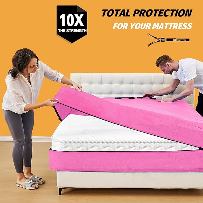 Mattress Bags for Moving, BETU Mattress Protector Waterproof Mattress Cover Storage Bags with 8 Heavy-Duty Handles and Zipper for Bed Extra Thick Large Reusable,82"x42"x15",Pink