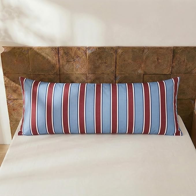 Merryword Striped Body Pillow Cover 20x54inches, 100% Cotton Long Pillowcase, Burgundy and Blue Striped Pillowcase, Soft Breathable Stripe Pillowcase, 1-Piece