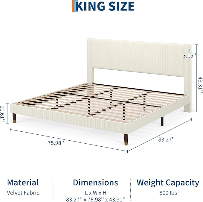 GarveeHome King Size Bed Frame with Upholstered Headboard and Strong Wooden Slats Support, Soft Corduroy Fabric Platform Bed, No Boxing Spring Needed, Easy Assembly, Beige