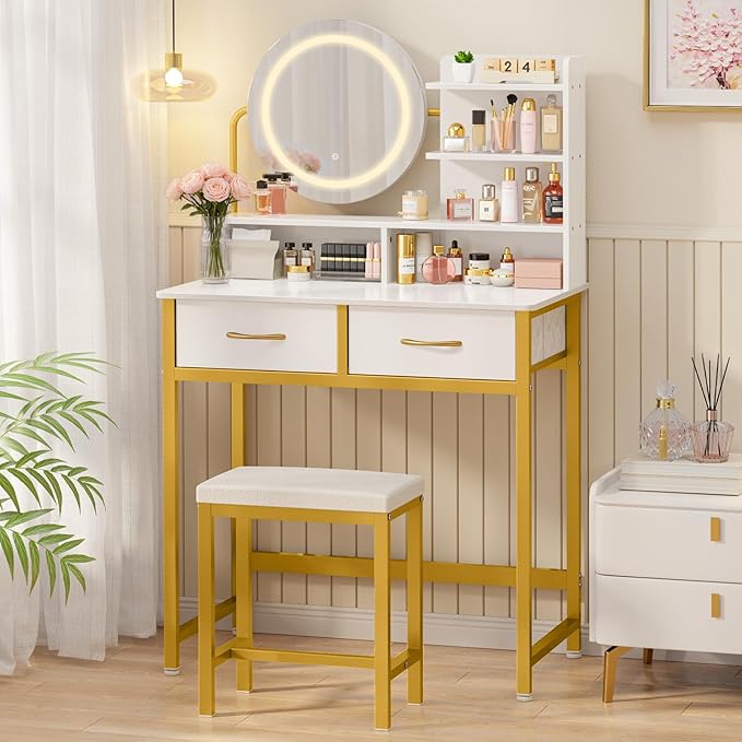 Kitsure Vanity Desk with Mirror and Lights - 3 Mode Lighted Makeup Vanity for Girls, Anti-Tipping Small Vanity with Chair for Bedrooms, Dressing Rooms, Walk-in Closet, Gold, 31.5" x 17.7" x 50.6"