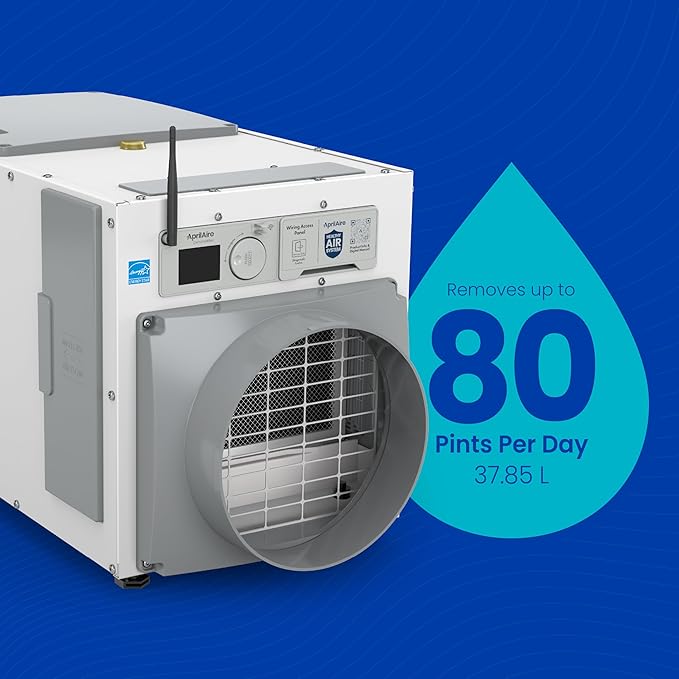AprilAire E080W Smart Wi-Fi Whole-House Dehumidifier, 80-Pint Energy Star Commercial Dehumidifier for Basement, Crawl Space & Home up to 4,400 Sq.Ft. with Pump, Drain Hose, Hanging Kit, MERV 11 Filter