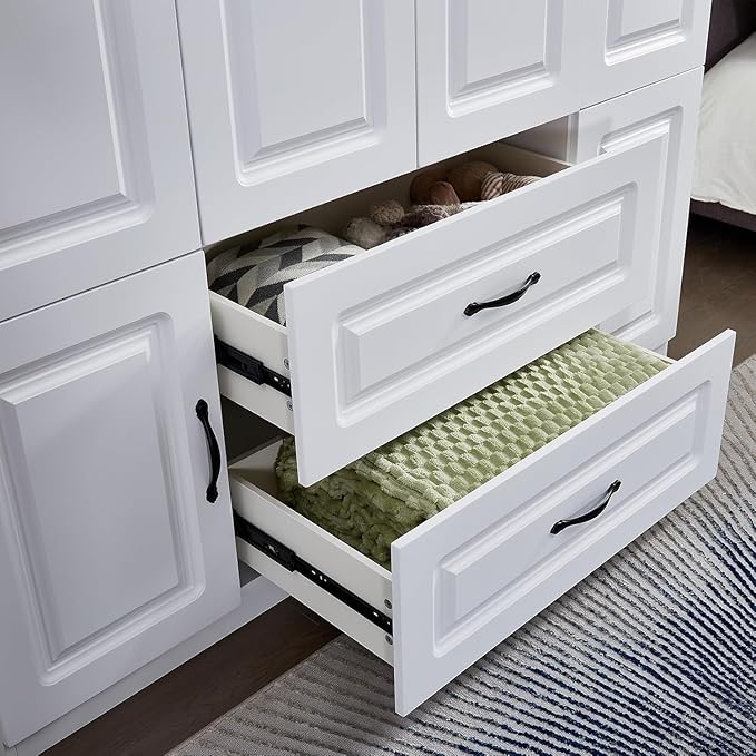 Armoire Wardrobe Closet: White Wood Large Bedroom Armoires Wood Wardrobe Cabinet with 4 Door 2 Drawers Tall Closet with Shelves and 2 Hanging Rail Room