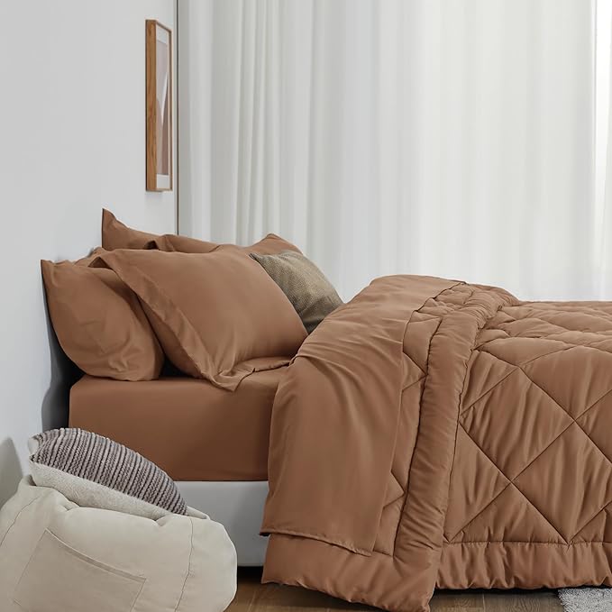 Love's cabin Full Comforter Set Mocha Mousse, 7 Pieces Full Bed in a Bag, All Season Bedding Sets with 1 Comforter, 1 Flat Sheet, 1 Fitted Sheet, 2 Pillowcase and 2 Pillow Sham | Soft, Breathable, Lightweight, Comfortable