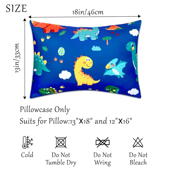 Cloele Kids Toddler Pillowcase Envelope Travel Pillowcase Baby Pillow Cover Fits Pillows Sized 12x16 or 13x18-1 Pack Soft Children’s Bedding Pillowslip Case for Boys and Girls -Colorful Dinosaur