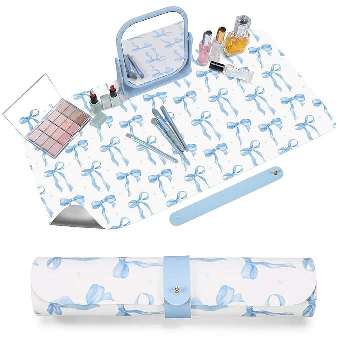 Teenyyou Coquette Bow Makeup Mat for Vanity Top Protector Graduation Gift Dual Side Leather Desk Mouse Pad Girly Waterproof Nonstick Dressing Accessories for Women Home Office(Blue,11.8"x23.6")