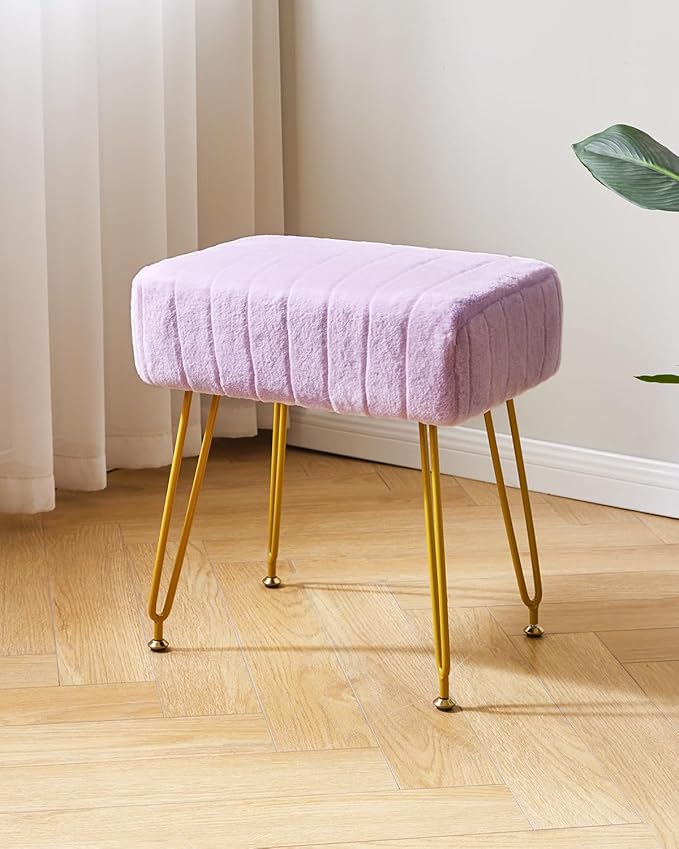 IBUYKE Velvet Rectangular Footrest Stool Ottoman, Makeup Vanity Stool Side Table, Velvet Dressing Table Seat, Pouf Couch Stool, Golden Steel Legs, Purple LG-51V