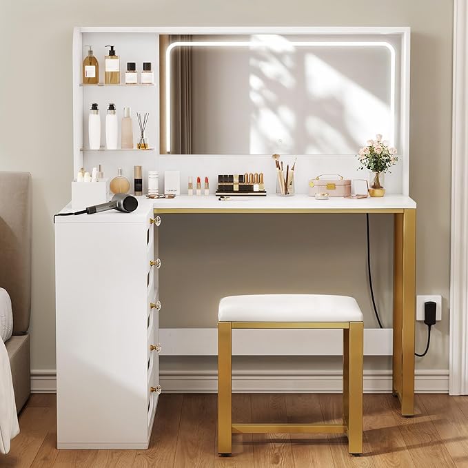 YITAHOME Vanity Desk Set- L Makeup Vanity with Mirror and Lights 3 Lighting Modes, 48" Large Makeup Table with 5 Tempered Glass Drawers with Open Storage Shelves Vanity Table, White